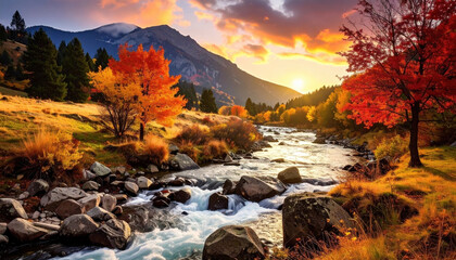 Serene autumn landscape with flowing river, vibrant foliage, and mountain backdrop at sunset creates tranquil and picturesque scene