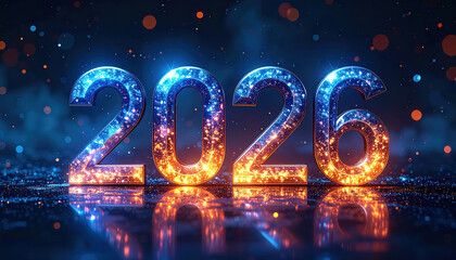 Glittering numbers 2026 in vibrant blue and orange hues sparkle against dark, festive background, evoking sense of celebration and anticipation for new year