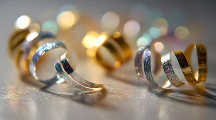 Ribbon of Celebration: Close-up of decorative ribbons, spiraling in shimmering silver and gold, offering a sense of joy and anticipation. 