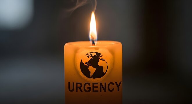 A candle with a globe illustration and the word 'URGENCY' written below, symbolizing global awareness and the importance of immediate action on worldwide issues
