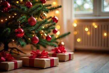 Christmas and New year's background. Decorated Christmas tree with gifts under it against windows in a light room. Cozy holiday interior