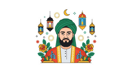 Vibrant illustration of bearded man in traditional Islamic attire, adorned with lanterns, crescent moon, and flowers, representing cultural heritage