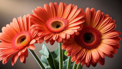 Gerbera Daisies In Bloom A Delicate Bouquet Of Gerbera Daisies Bursts With Life Their Vibrant Petals A Captivating Display Against A Rich Inviting Backdrop