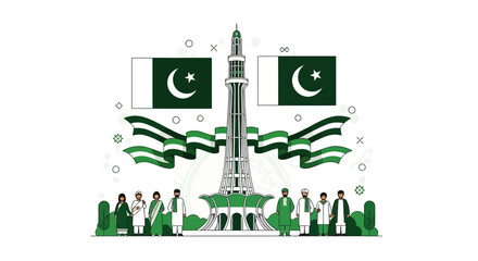 Obraz premium Pakistani National Day Celebration with People at a Famous Landmark and Waving National Flags Illustration