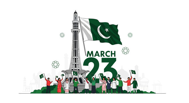 A vector illustration of people celebrating Pakistan Day on March 23rd with flags at a famous Lahore monument