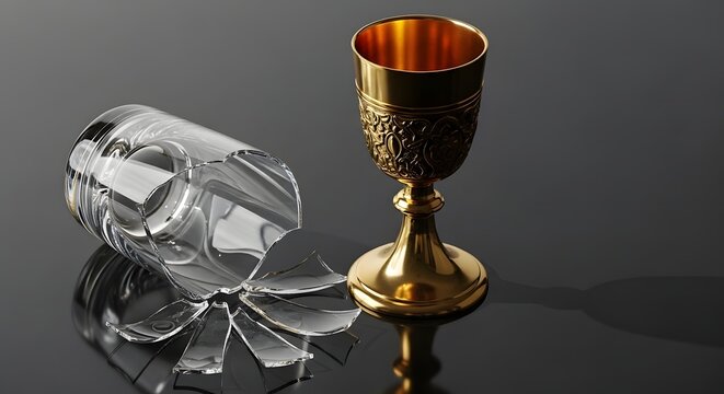 A broken glass and a golden chalice are placed on a dark reflective surface, creating a striking contrast between the shattered and the ornate object
