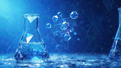 Science Beakers with Water and Molecular Structures in Blue Tones.