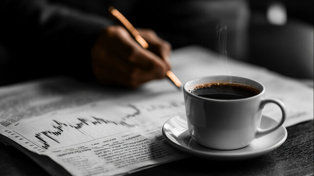 An investment manager’s hand holding a pen over a financial report, coffee nearby, capturing a focused moment of analysis, professionalism, and strategic decision-making.