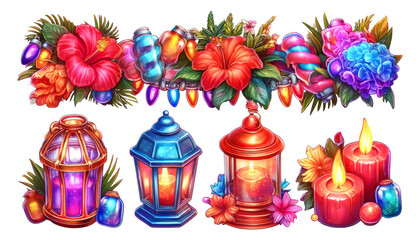 Fototapeta premium Colorful Floral Lanterns and Candles with Decorative Elements for Seasonal Themes