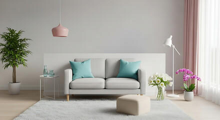 Elegant living room with white sofa, plants, flowers, and decorations near window