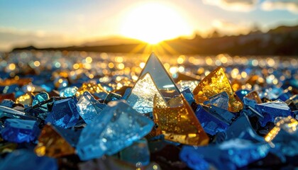 Blue and yellow glass fragments under sun. Light reflects off the glass, creating a sparkling, colorful scene