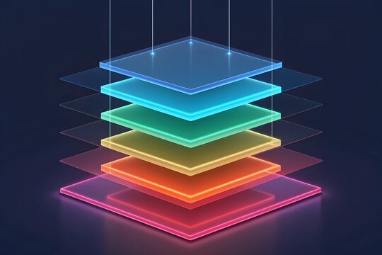 Abstract layered geometric shapes with vibrant neon glow and dark background