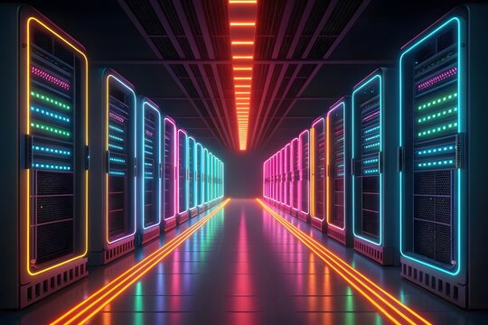Futuristic data center with glowing neon server racks and colorful lights