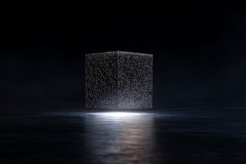 digital hologram art, numeric and pixelated holographic cube floats above a reflective surface in an abstract manner