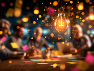 Bright light bulb illuminating creative brainstorming session with colorful sticky notes