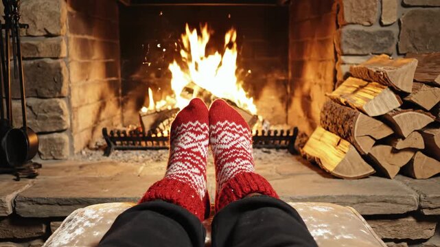 Cozy scene of red patterned socks near a lit fireplace. Logs and tools accent the hearth