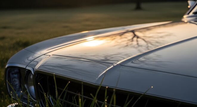 Fototapeta Close-up of the shiny metallic surface of a vintage car parked outdoors during sunset with reflections on the hood and surrounding nature elements