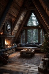 Naklejka premium Cozy wooden cabin interior with fire in the stove, Christmas tree and large window to forest. Serene retreat in winter nature with warmth and calm.