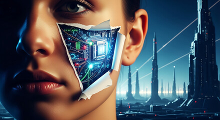 Futuristic cyborg with exposed microchip circuitry against a high-tech city skyline.