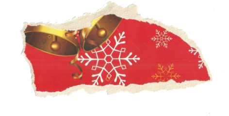 Torn Christmas paper scrap with bells and snowflake design