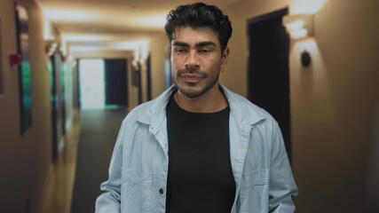 Young hispanic man covers mouth with both hands while shouting sideways in narrow hotel hallway; anxiety.