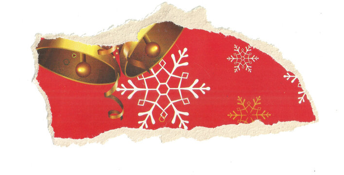 Torn Christmas paper scrap with bells and snowflake design