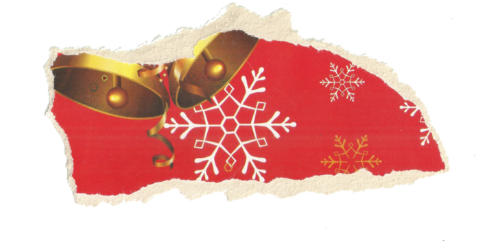 Torn Christmas paper scrap with bells and snowflake design