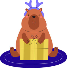 Capybara with Antlers Holding Gift