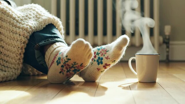 Person relaxing indoors with blanket, patterned socks, and hot beverage; warm scene