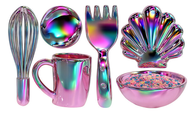 Ultra Glossy Holographic Kitchen Tools Isolated on Transparent Background