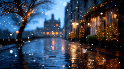 Cozy winter evening street scene with festive lights, falling snow, and glowing shop windows creating a magical holiday atmosphere.