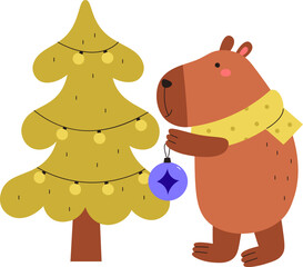Capybara Decorating Christmas Tree