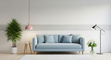 Interior of a modern living room with blue sofa, lamp and plants isolated on white background