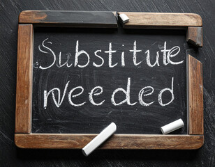 Chalkboard message substitute needed for job opening. concept about hiring and current labor market shortages which makes finding replacement challenge