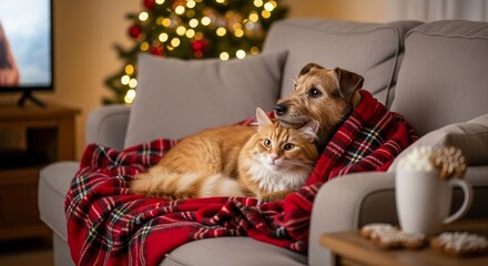 Obraz na płótnie Canvas Dog and cat relaxing together on a sofa under a red plaid blanket. Cozy Christmas or winter evening at home with pets.