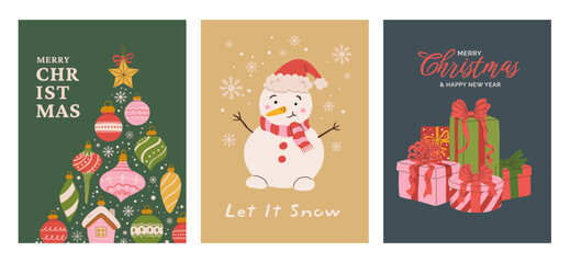 Set of Christmas greeting cards with abstract Xmas tree ornaments, snowman, and a gift box vector illustration. Festive winter holiday background