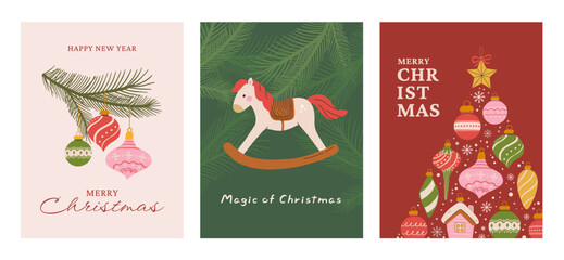 Set of Christmas greeting cards with Xmas tree ornaments, pine branches with bauble, and a rocking horse vector illustration. Festive winter holiday postcards