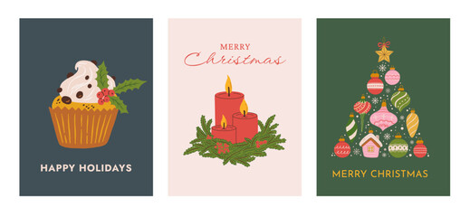 Set of hand draw Christmas postcards with cupcake, burning candles, and abstract ornament decorated Xmas tree vector illustration
