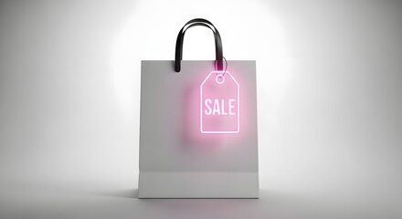 A shopping bag with a neon pink sale tag hanging from a black handle on a plain background, emphasizing retail and promotional themes