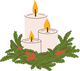 Hand draw Christmas candles decoration with a pine wreath vector illustration