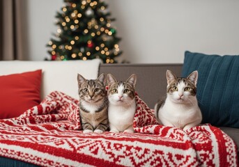 Three cute domestic cats lounging on a sofa under a cozy red blanket during the Winter holiday Christmas season with a decorated tree.