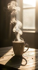 A steaming hot beverage in a ceramic mug on a wooden table with sunlight streaming through a window in the background, creating a cozy and warm atmosphere