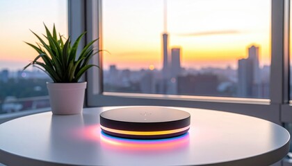 Smart home device on round table with potted plant, city skyline, and sunset