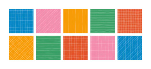 Abstract Line Pattern Set. Vector Notebook Paper Stripes Background. Hand Drawn School Grid Seamless Texture. Cute Wavy Line Checker Pattern.