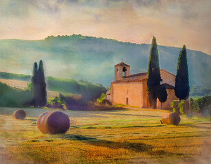 Oil painting style image of countryside landscape in rural South of France featuring hay fields near church with misty hills in background