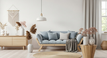 Interior of a modern living room with sofa, wooden furniture and plants isolated on white background