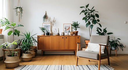 Interior of a modern living room with wooden furniture and plants isolated on white background