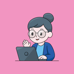 Cute Cartoon Girl Working  &ndash; Digital Illustration