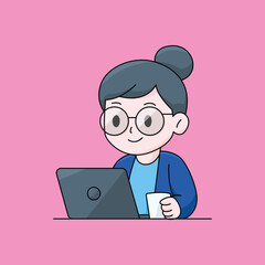 Cute Cartoon Girl Working  &ndash; Digital Illustration