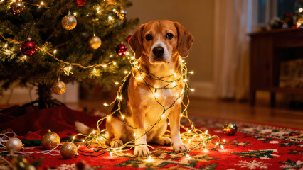 Beagle wrapped in Christmas lights sitting on a colorful rug in front of a decorated tree during the holiday season